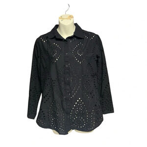 Adiva black medium eyelet button down top roll tab sleeves